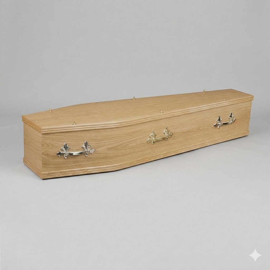 AVON - Oak veneered Coffin with single mouldings and a flat lid.