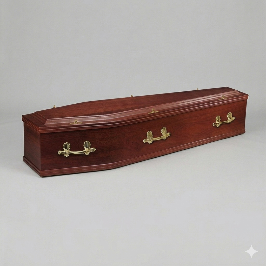 CAVENDISH - Sapele veneered Coffin with single mouldings and a raised lid.