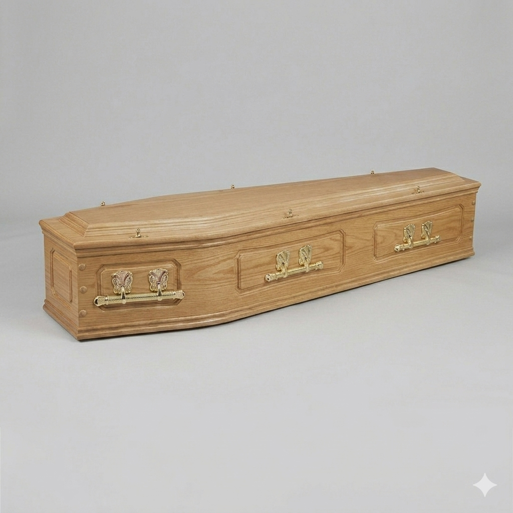 MALVERN - Solid Oak Coffin with routed panelled sides, double mouldings and a raised lid.