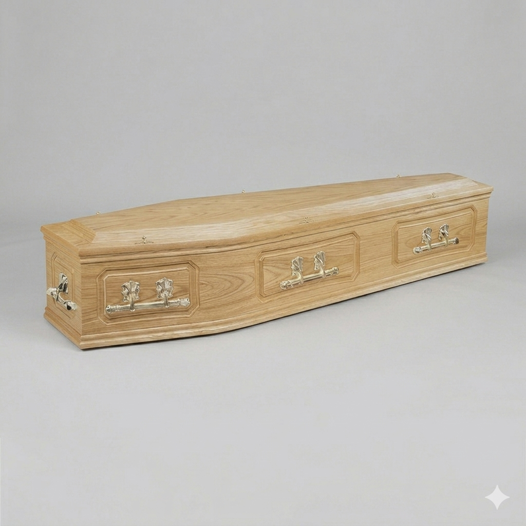 SEVERN - Oak veneered Coffin with pressed panelled sides, single mouldings and a raised lid.